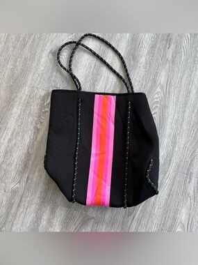 Haute Shore Greyson Rave Neoprene Tote Bag Black Pink Orange Stripe